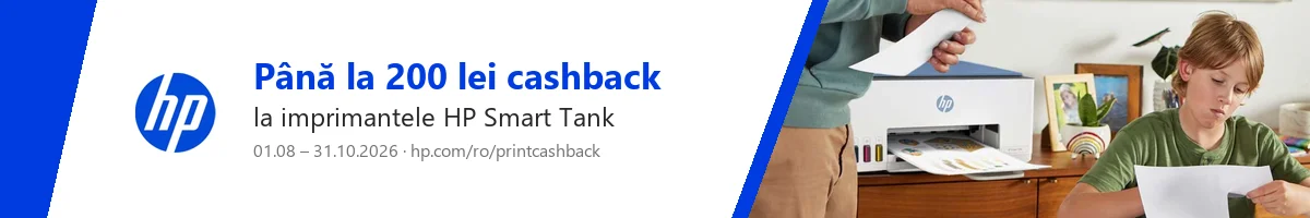 Până la 200 lei cashback la imprimantele HP Smart Tank