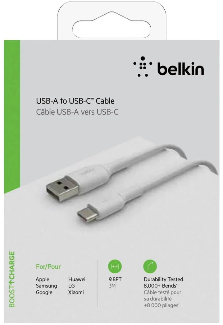 Cablu de date BELKIN CAB001bt3MWH USB-C la USB-A 3 m alb