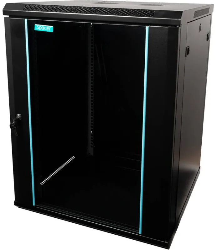 Cabinet metalic de perete Spacer SPCW-15U-600-BK-03 15U usa sticla negru