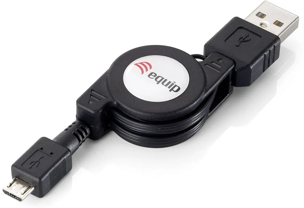 EQUIP USB Kabel 2.0 A -> micro B St/St 1.00m aufrollbar sw Polybeutel