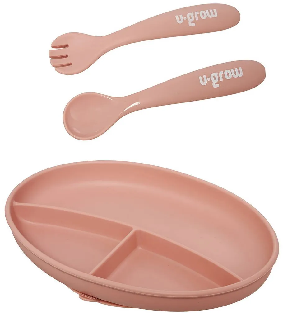 U-GROW Set farfurie si lingurita silicon, roz