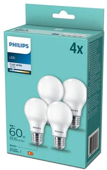 Philips Pachet 4 becuri LED Philips A60, E27, 9W