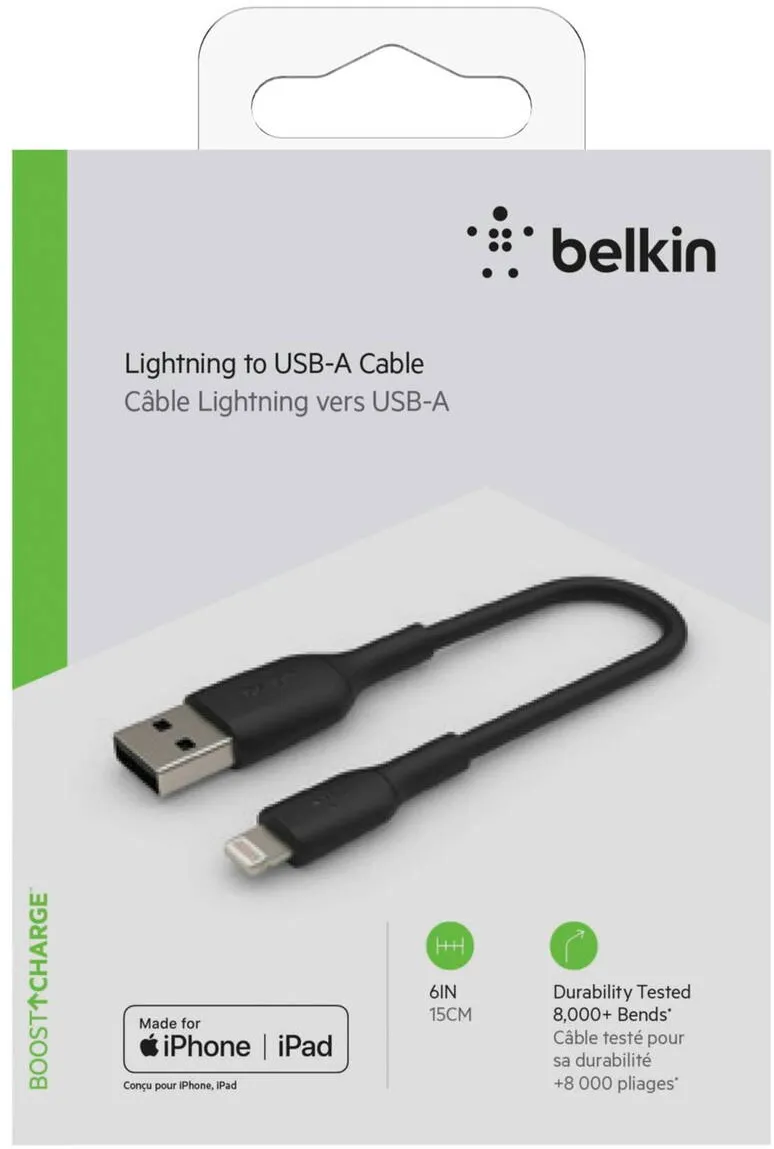 BELKIN Cablu Date Lightning to USB-A Cable 15cm, PVC, black, mfi cert.