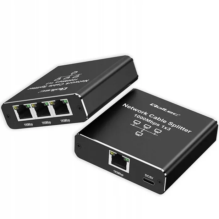 Switch QOLTEC Splitter Ethernet RJ45 Qoltec 52294 Mini Switch Hub Retea 1 la 3 Porturi Gigabit 1000Mbps USB-C Aluminiu Negru, Raza 100M, Plug & Play, Compatibil CAT5e CAT6 CAT7 CAT8 pentru Router TV Consola Starlink