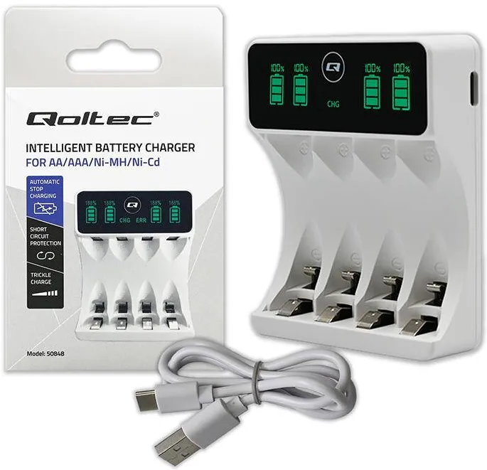 QOLTEC Incarcator Qoltec pentru acumulatori Ni-MH R03 AAA R6 AA, LCD, cablu USB-C, alb