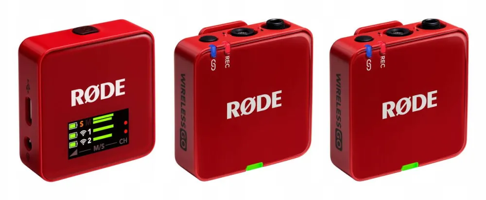 Microfon Rode Sistem fara fir Rode Wireless Go III, 2 transmitatoare, 32 GB memorie, 260 m raza de actiune, rosu