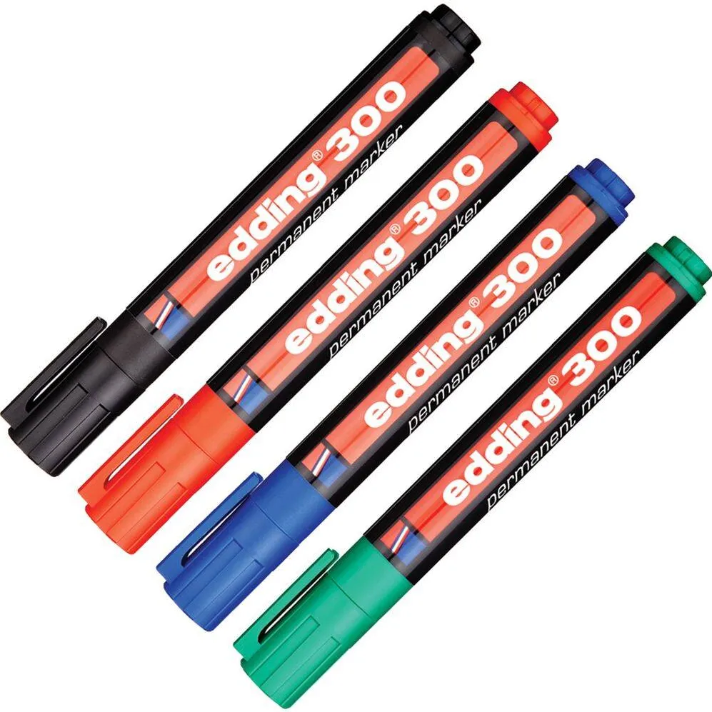 Edding Marker permanent, Edding 300, set 4 culori, corp plastic, varf rotund 1.5 - 3 mm, negru, rosu, albastru, verde