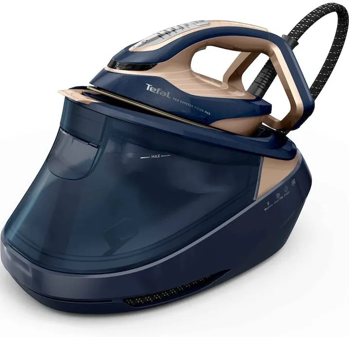 TEFAL Statie de calcat cu abur Tefal Pro Express Vision Max GV9910E0, 3000W, 9 bari, jet de abur 820 g/min, abur variabil 0–215 g/min, abur vertical, iluminare LED, talpa Microsteam 400 HD, 5 setari, oprire automata, sistem antipicurare, albastru & bej