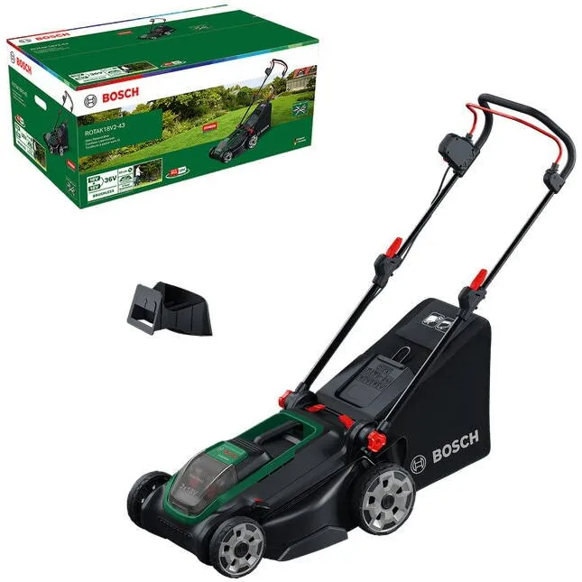 BOSCH Masina de tuns gazon/iarba pe acumulator Bosch ROTAK18V2-43, 2 X 18 V, latime taiere 43 cm, inaltime taiere 30-75 mm, 6 trepte de taiere, motor brushless, sac colector 50 l, include: 2 acumulatori PBA 18V 4.0Ah + incarcator
