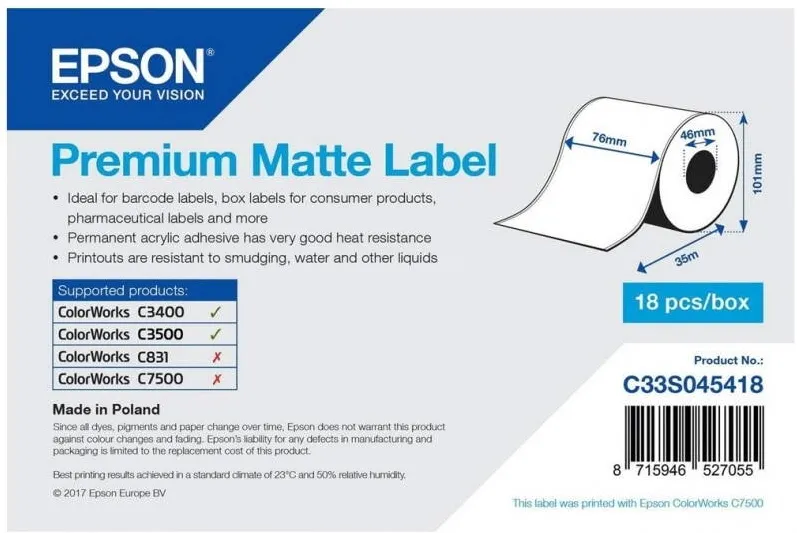 Banda etichete Epson Hartie speciala, Epson, 76mm x 35m, 470g