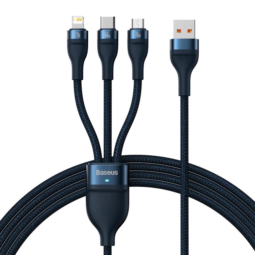 Baseus Cablu de incarcare, Baseus, 3 in 1, USB-C + Micro USB + Lightning, 66W, 1,2 m, Albastru