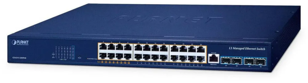 Switch Planet Ethernet Layer 3, 8-Port 10/100/1000T, 16-Port 10/100/1000T, 4-Port 10G SFP+, GS-6311-24HP4X