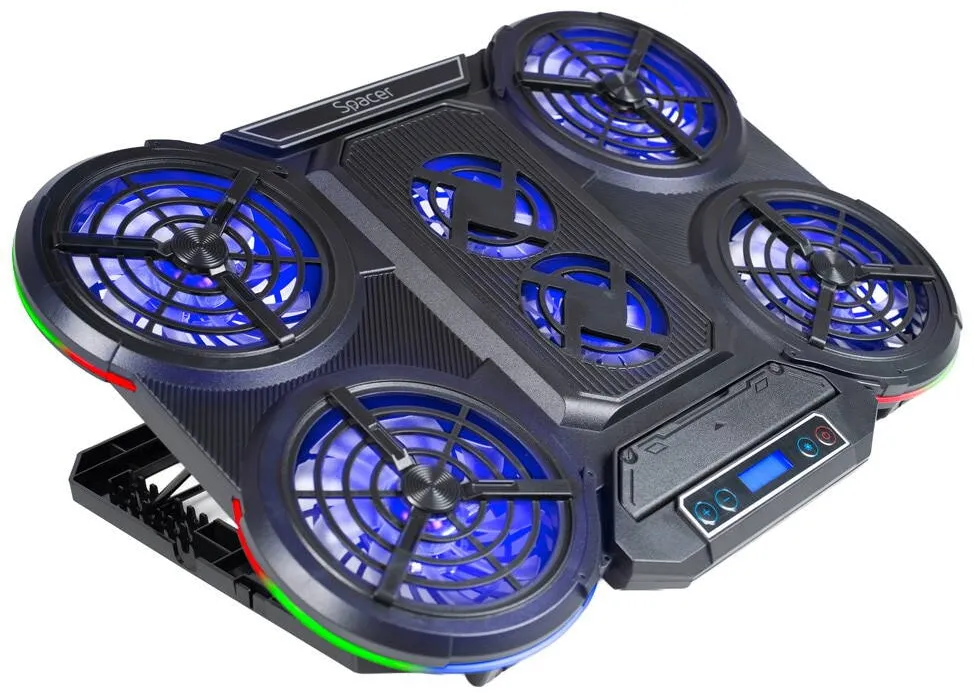 Coolpad Laptop Spacer Stand SPACER notebook 17″ Gaming, grila ABS, 4x10cm LED fan 1400RPM, 6 niv. Turatie, 7 trepte inaltime, RGB 10 jocuri, Suport telefon, negru