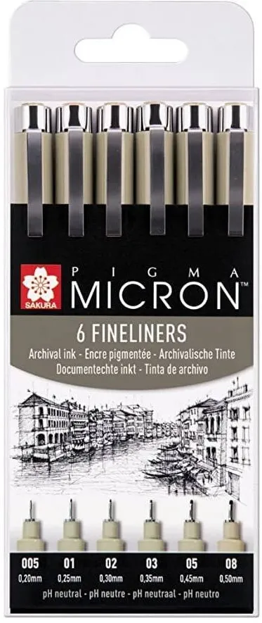 Bodum Set 6 pixuri - Sakura - Pigma Micron - Fineliner - Black, Fara mecanism, Bej