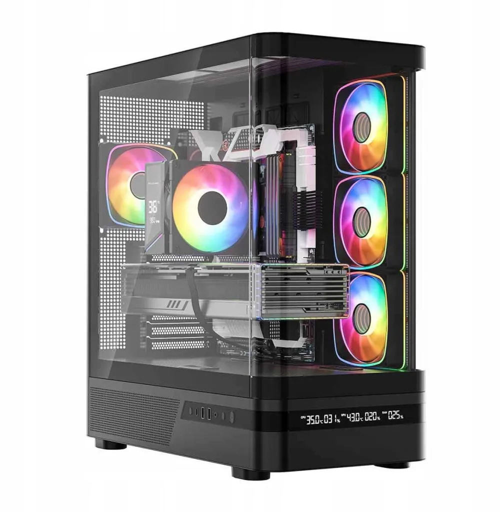 Carcasa PC Modecom Carcasa MODECOM Volcano AQ200 ARGB MIDI, neagra, 4 ventilatoare 120mm, display LED, 2x USB 3.0, 1x USB-C