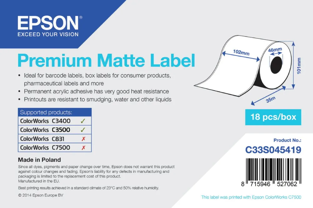 Banda etichete Epson ETICHETE PREMIUM MATTE LABEL CONTINUOUS ROLL 102mmx35M C3500