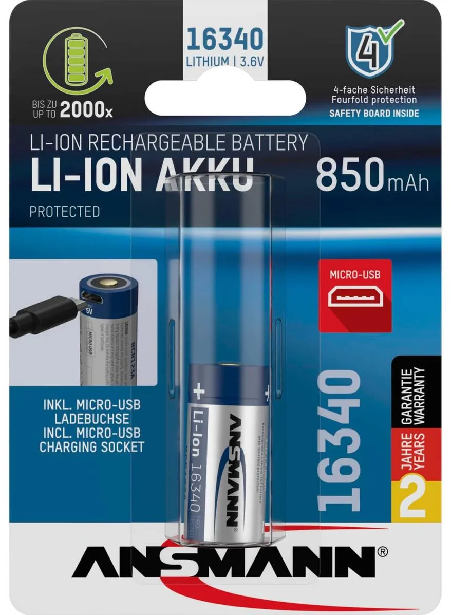 Ansmann Acumulator/Incarcator 16340 Li-Ion Akku 850mAh 3,6V Micro USB Input 1300-0015