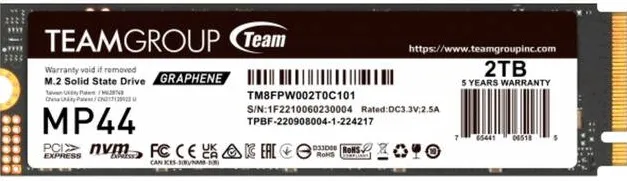 SSD Team Group MP44, 2TB, PCIe Gen4x4 M.2 2280, 3D TLC NAND NVMe, R/W: 7000/6000 MB/s, "TM8FPW002T0C101"
