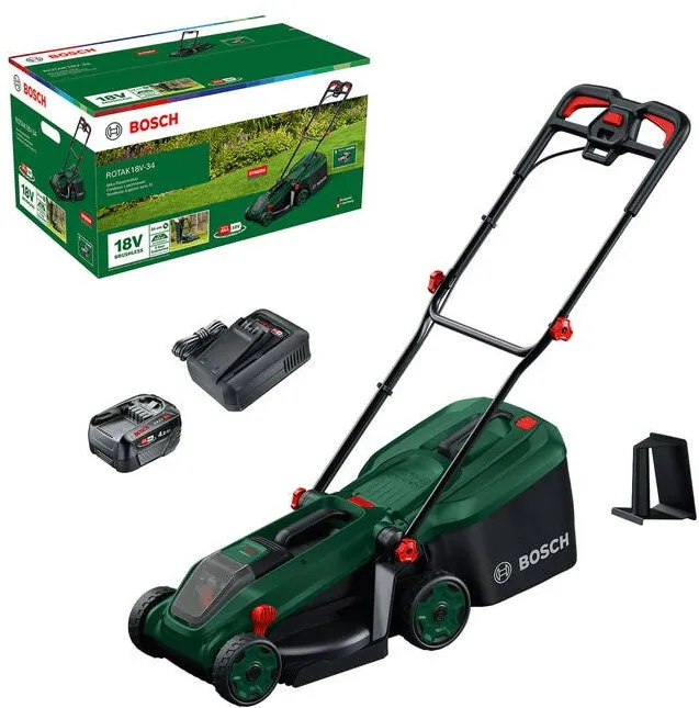 BOSCH Masina de tuns gazon/iarba pe acumulator Bosch ROTAK18V-34, 18 V, latime taiere 34 cm, inaltime taiere 25-65 mm, 5 trepte de taiere, motor brushless, sac colector 35 l, include: acumulator 18V 4.0 Ah + incarcator