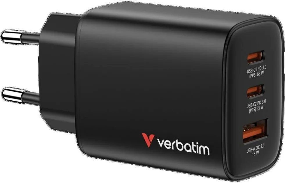 VERBATIM Essentials GaN Charger 65W 2xUSB-C/1xUSB-A schwa. 32352