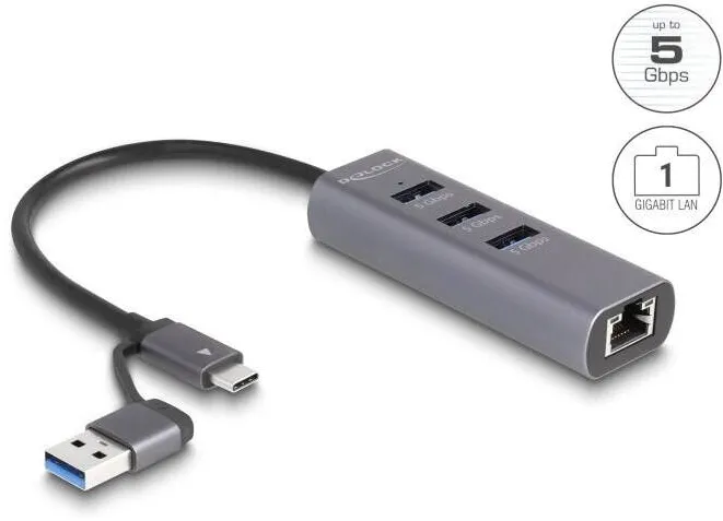 Hub USB DELOCK Hub USB 3Port DeLock 5 Gbps cu LAN Gigabit, USB-A/USB-C, 3xUSB-A, metal