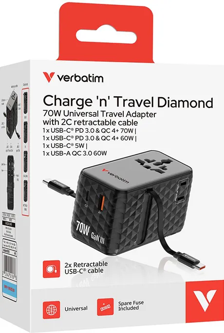VERBATIM Adaptor Verbatim GaN,70W,2 cabluri retractab,negruUSB-C PD 3.0 QC4+up to 70W/USB-A QC 4+up to 60W