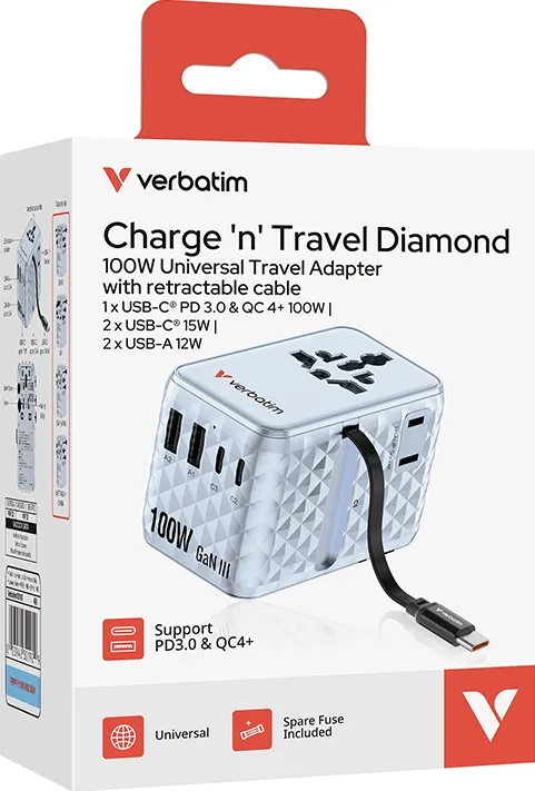 VERBATIM Adaptor Verbatim GaN,100W,cablu retractab,bleuUSB-C PD 3.0 QC4+up to 100W/USB-A up to 12W