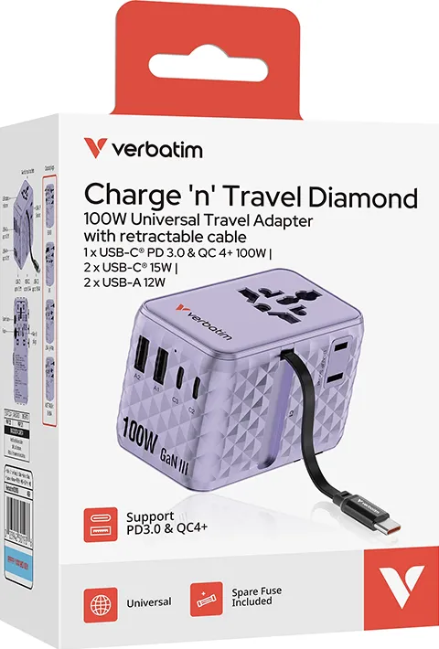 VERBATIM Adaptor Verbatim GaN,100W, cablu retractab,violetUSB-C PD 3.0 QC4+up to 100W/USB-A up to 12W