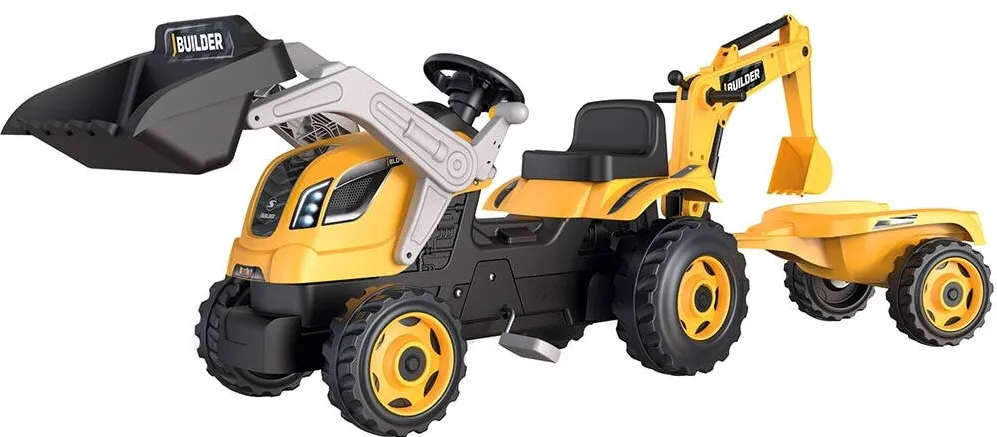 Smoby Tractor cu pedale si remorca pentru copii Smoby Builder Max galben