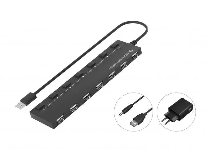 Hub USB 2.0 CONCEPTRONIC HUBBIES08BP 7 porturi cu alimentare externa negru