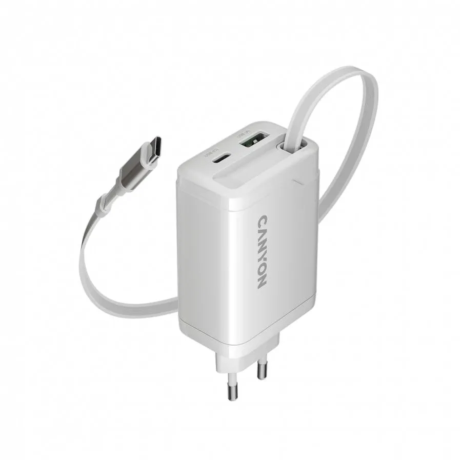 CANYON Incarcator Retea Canyon OnCharge 65RC, 65W, Cablu USB-C Integrat, 1x Port USB-C PD, 1x Port USB-A QC, Alb