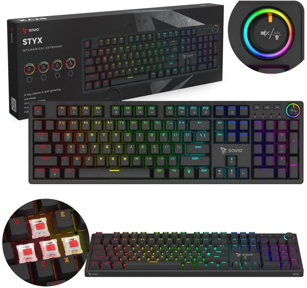 Tastatura SAVIO Tastatura mecanica Savio STYX, 104 taste, iluminare RGB, USB, neagra, dimensiuni 44x13,5x3,4cm