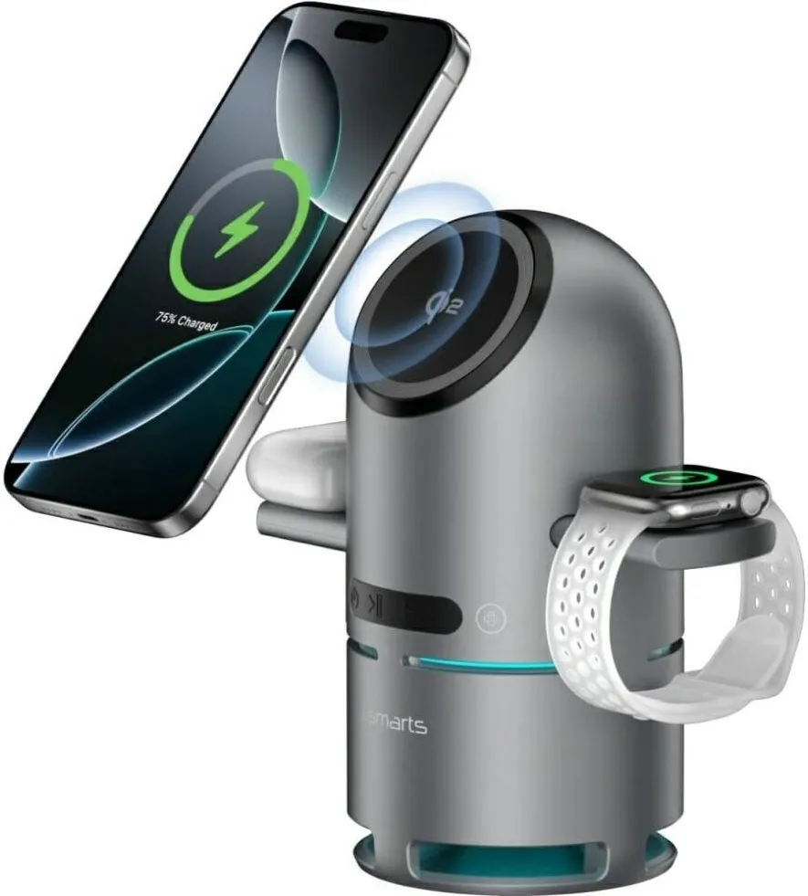 4smarts Statie incarcare 4smarts ChargeBot Sound Qi2, 3 in 1, gri, 21x9.9x9.5cm