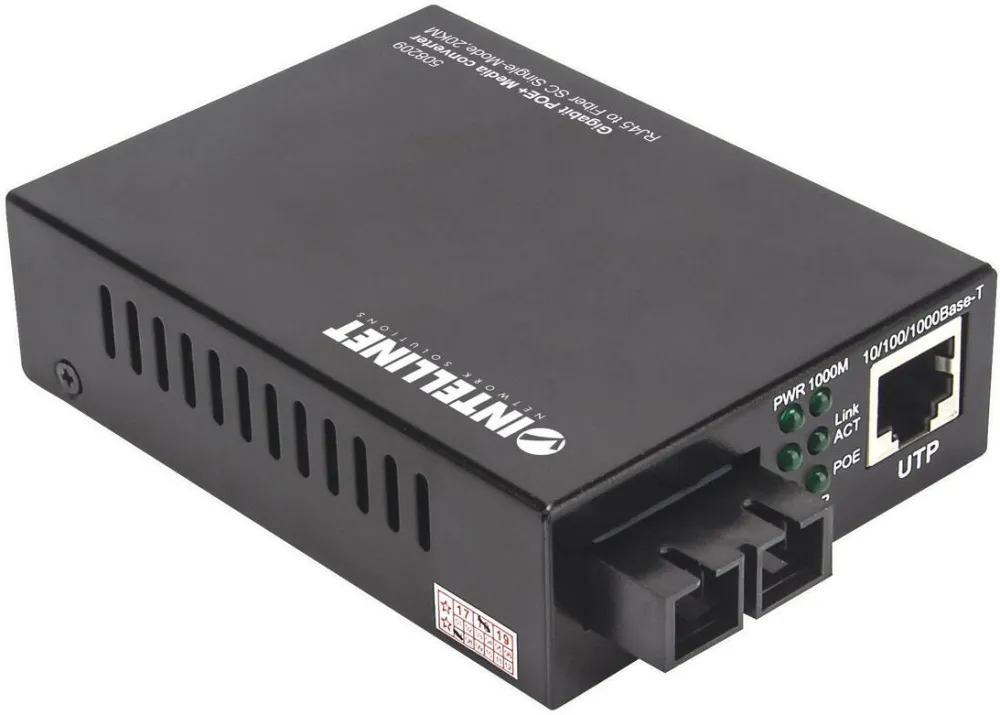 Switch Intellinet Convertor media, Intellinet, PoE+ Gigabit 1000Base/T RJ45/1000Base/LX (SC) 20km, negru