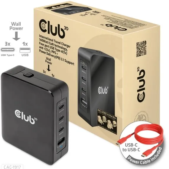 Incarcator CLUB 3D 3xUSB Typ C, 1xUSB Typ A, PD 140W