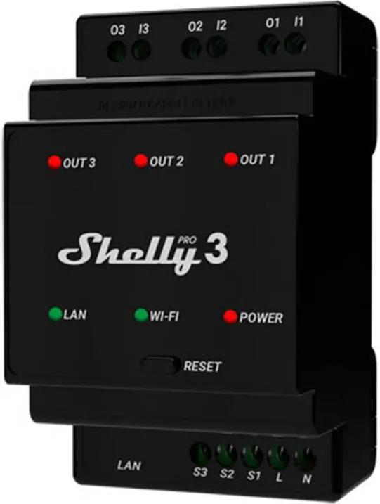 Shelly Comutator inteligent pe sina DIN Pro 3 cu contacte uscate, 3 canale