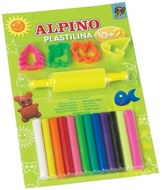 Alpino Kit 10 +2 culori x 17gr plastelina + 4 forme modelaj + roller, in blister, Alpino