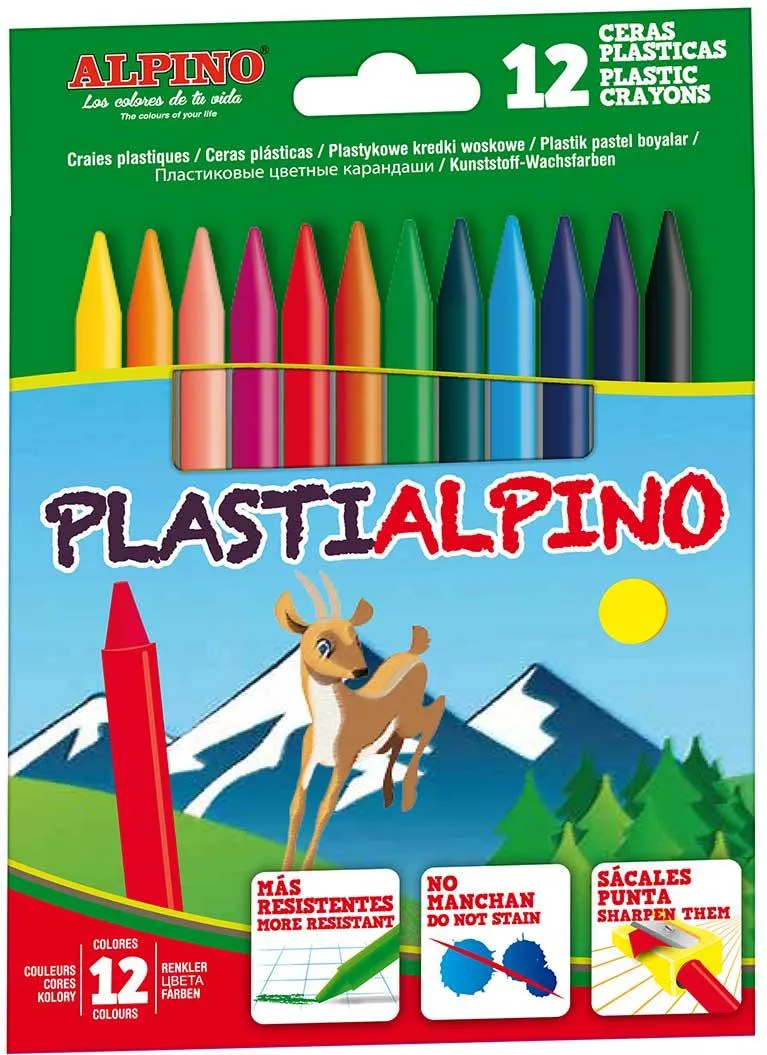 Alpino Creioane cerate din plastic, cutie carton, 12 culori/cutie, Plasti ALPINO