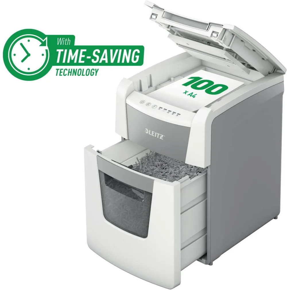Leitz Distrugator documente automat LEITZ IQ Small Office, P5, micro-cut, 100coli, cos 34l, alb-gri