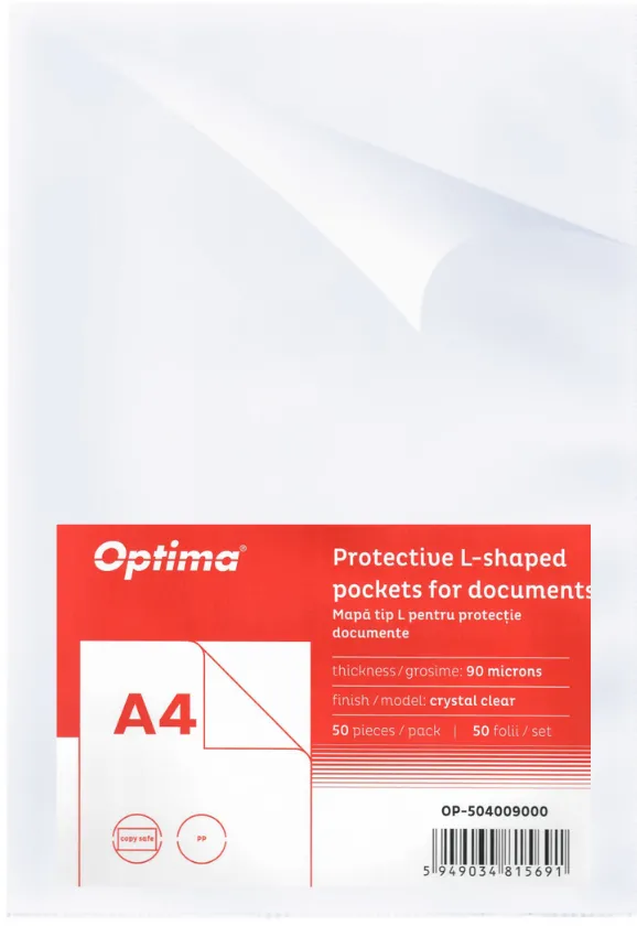 Optima - prod din plastic Mapa protectie "L" pentru documente A4, PP - 90 microni, 50 buc/set, Optima - cristal