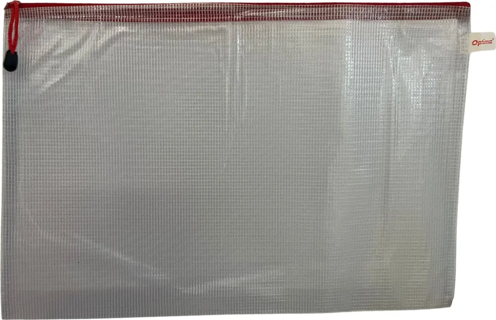 Optima - prod din plastic Mapa mesh PVC, pentru protectie documente A3, 280 microni, translucenta, cu fermoar rosu, Optima