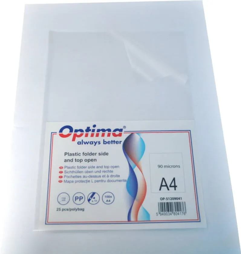 Optima Mapa protectie "L" pentru documente A4, 90 microni, 25/set, Optima - transparent