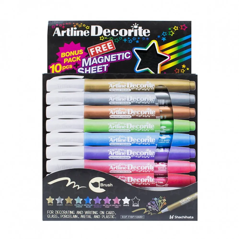 Artline Marker ARTLINE Decorite, varf flexibil(tip pensula), 10cul. metalizate/set + 1 folie magnetica neagr