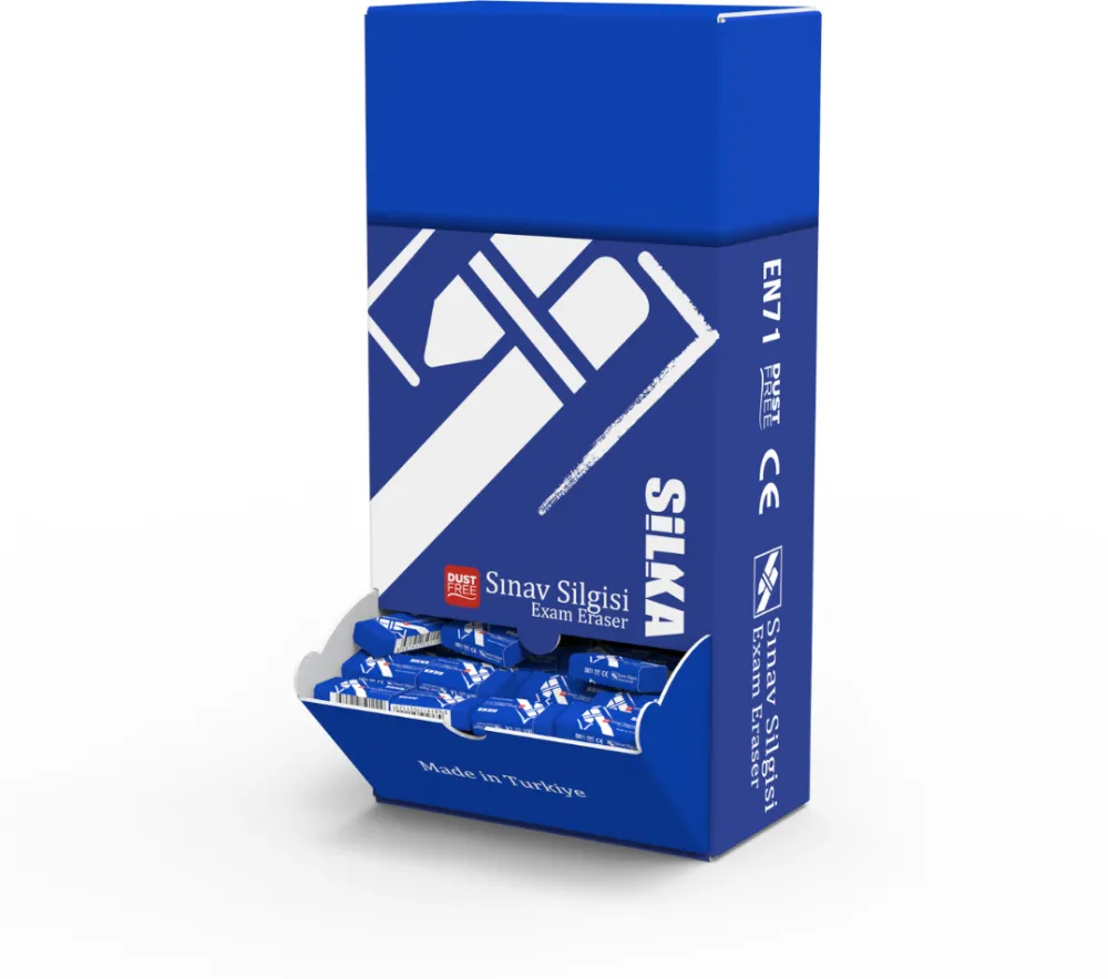 Silka Display cu radiere pt creion, 44x22x13.5mm, 240buc/display, SILKA Exam - albastre
