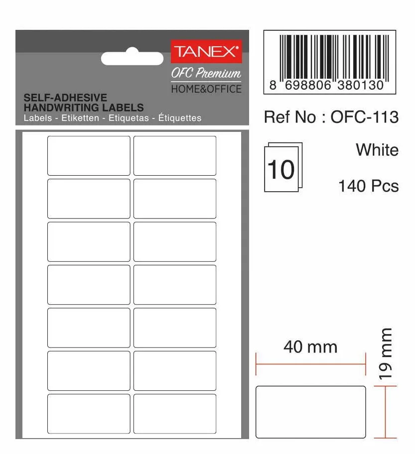 Tanex Etichete autoadezive, 19 x 40 mm, 140 buc/set, TANEX, alb