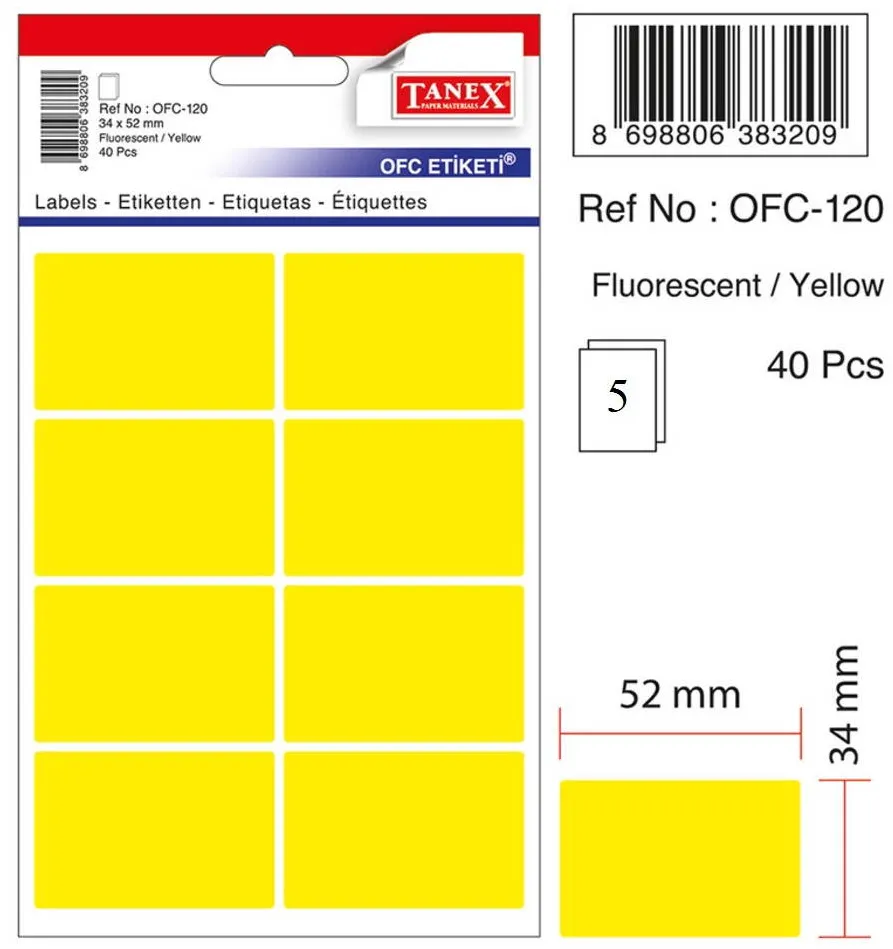 Tanex Etichete autoadezive, 34 x 52 mm, 40 buc/set, TANEX, galben fluorescent