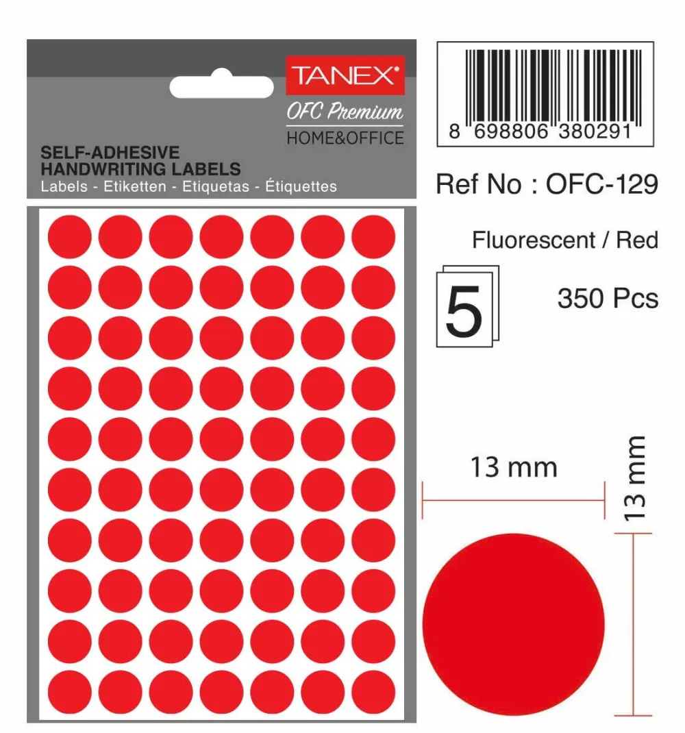 Tanex Etichete autoadezive rotunde, D13 mm, 350 buc/set, TANEX, rosu