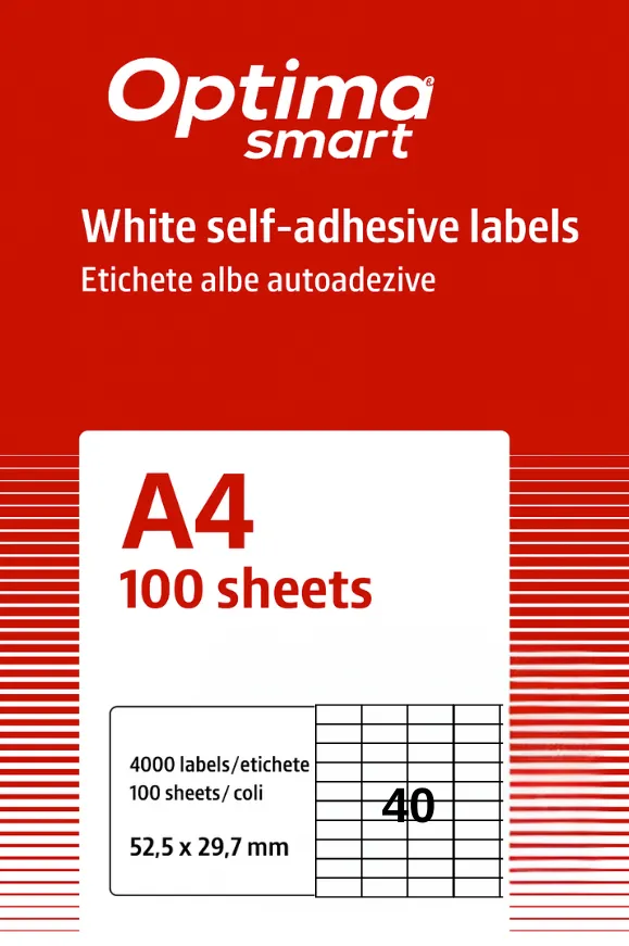 Etichete aut OPTIMA Smart Etichete albe autoadezive 40/A4, 52.5 x 29.7 mm, 100 coli/top, Optima Smart