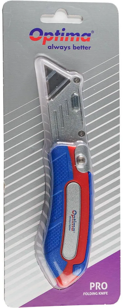Cuttere OPTIMA Cutter Optima Pro, lama trapezoidala + 2 rezerve SK5, pliabil, clips curea, zinc cu rubber grip