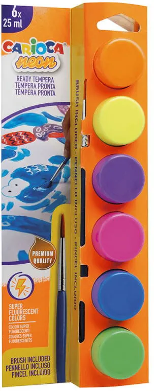 Carioca Tempera super lavabila, 6 culori x 25 ml/set, contine pensula, CARIOCA - neon